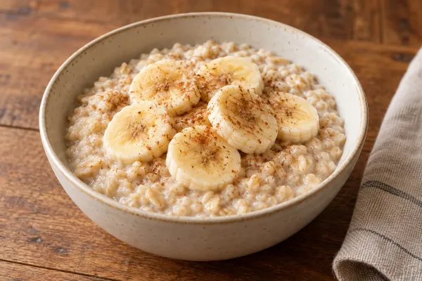 Creamy rolled oats topped with banana rounds and cinnamon