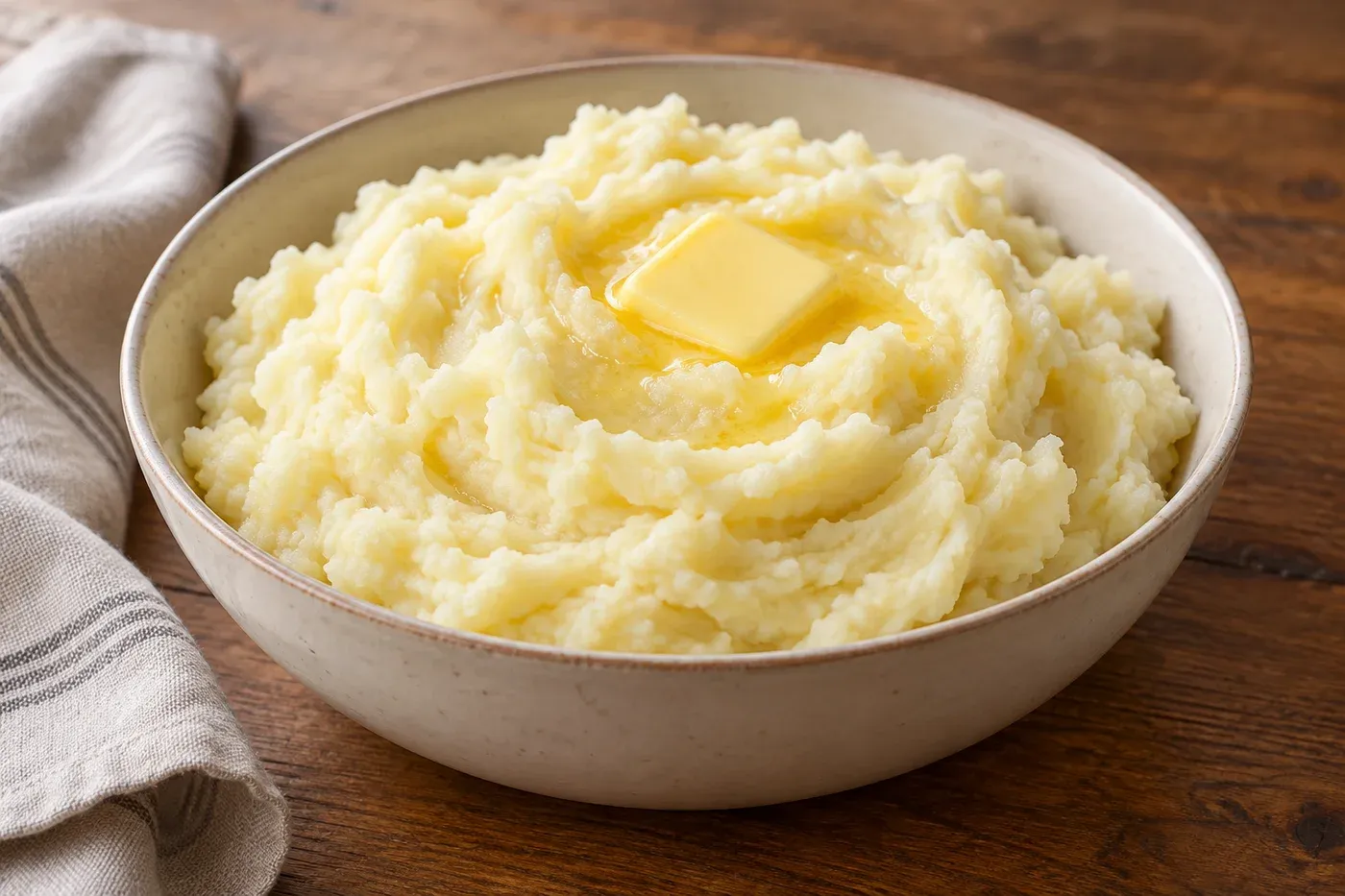 Hand mashed potatoes with a pat of melting butter in a bowl