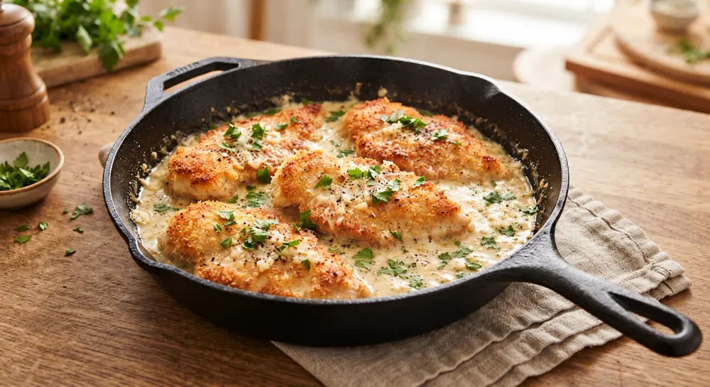 Chicken cutlets in a creamy parmesan sauce with parsley in a skillet