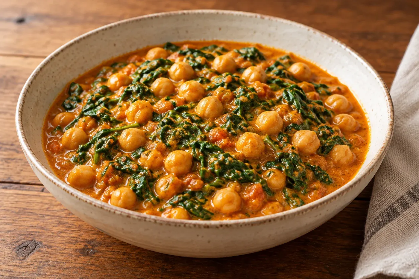Chickpeas and wilted spinach in a tomato coconut curry sauce