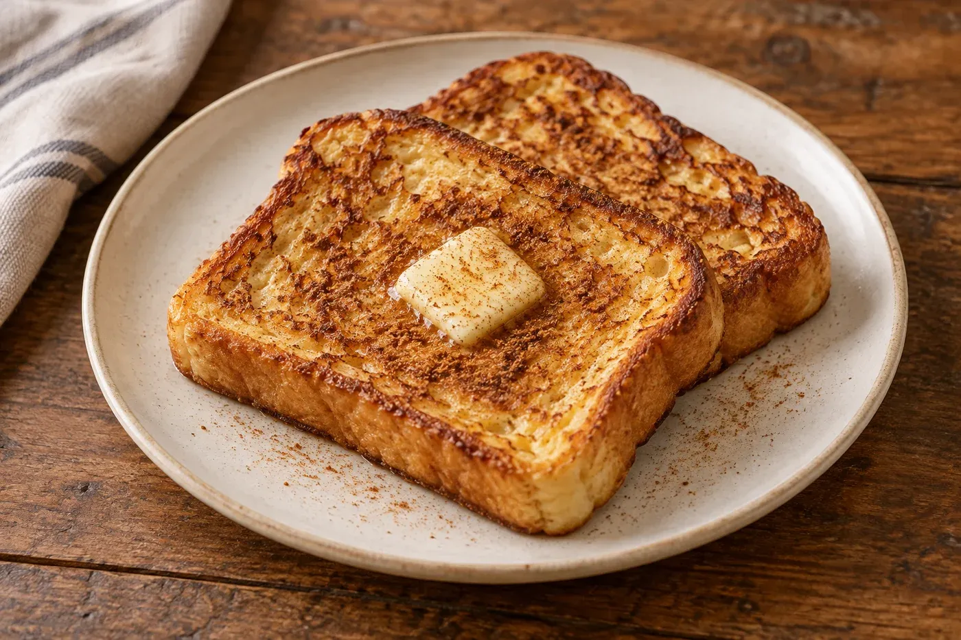 Golden French toast slices with cinnamon and a little butter