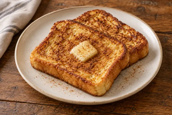 Golden French toast slices with cinnamon and a little butter