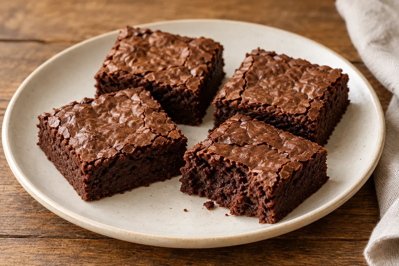 Square cocoa brownies with a dense baked crumb on a cream plate