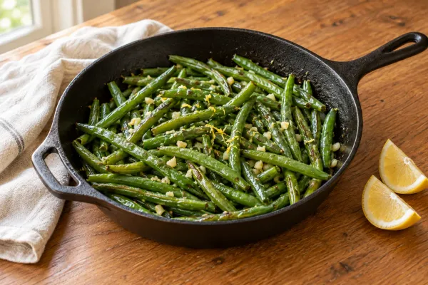 Green beans and lemon wedges in a skillet