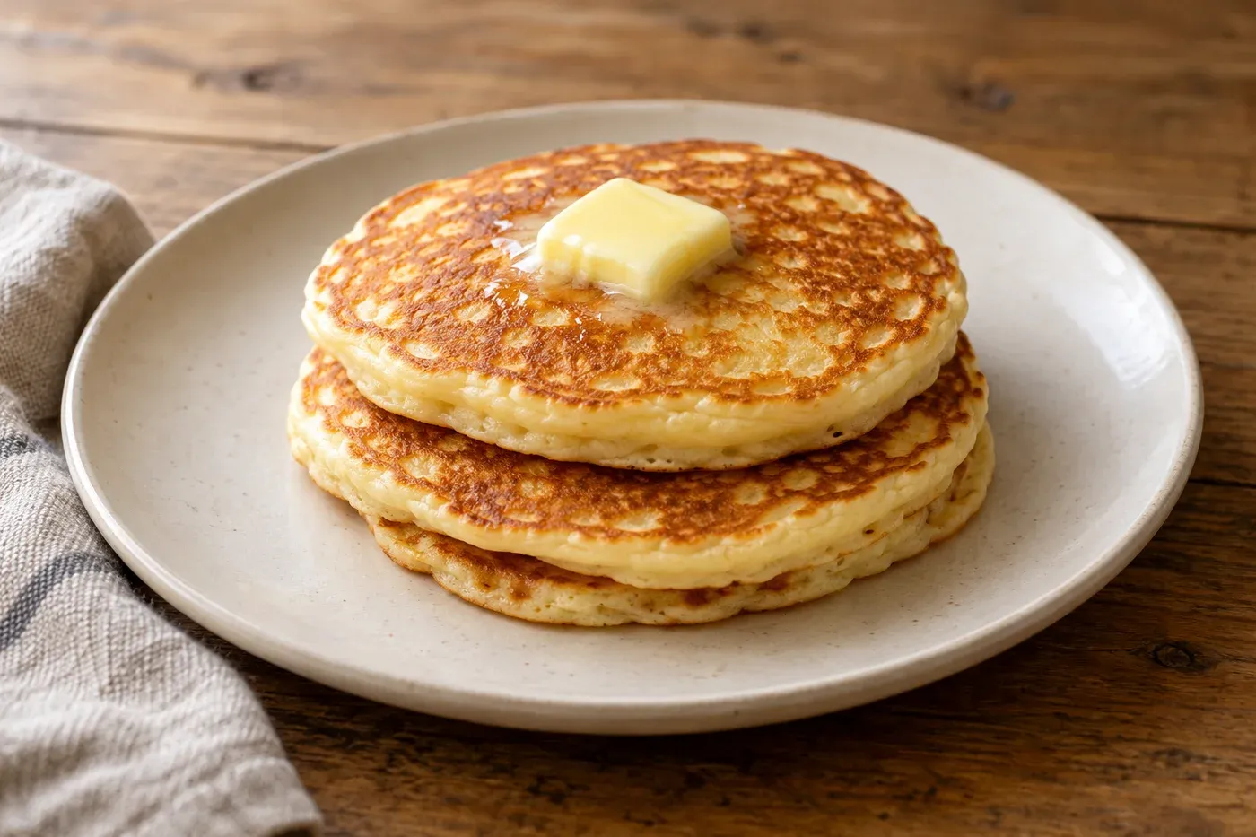 Three golden pancakes with a small pat of butter on a cream plate