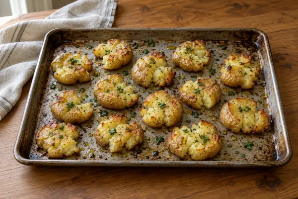 Golden smashed baby potatoes with parsley on a baking sheet