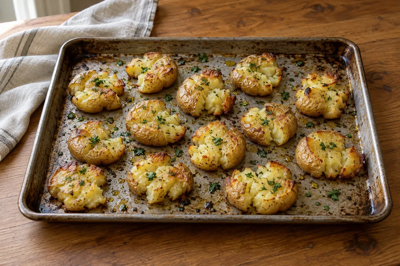 Golden smashed baby potatoes with parsley on a baking sheet