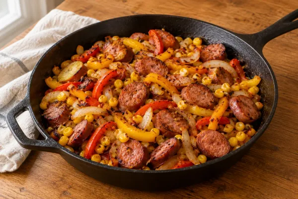Browned smoked sausage, sweetcorn, onion and peppers in a skillet